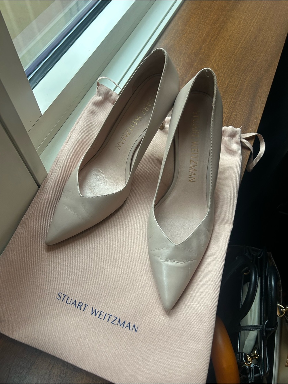 Stuart Weitzman Tan Pointed-Toe Leather Pumps